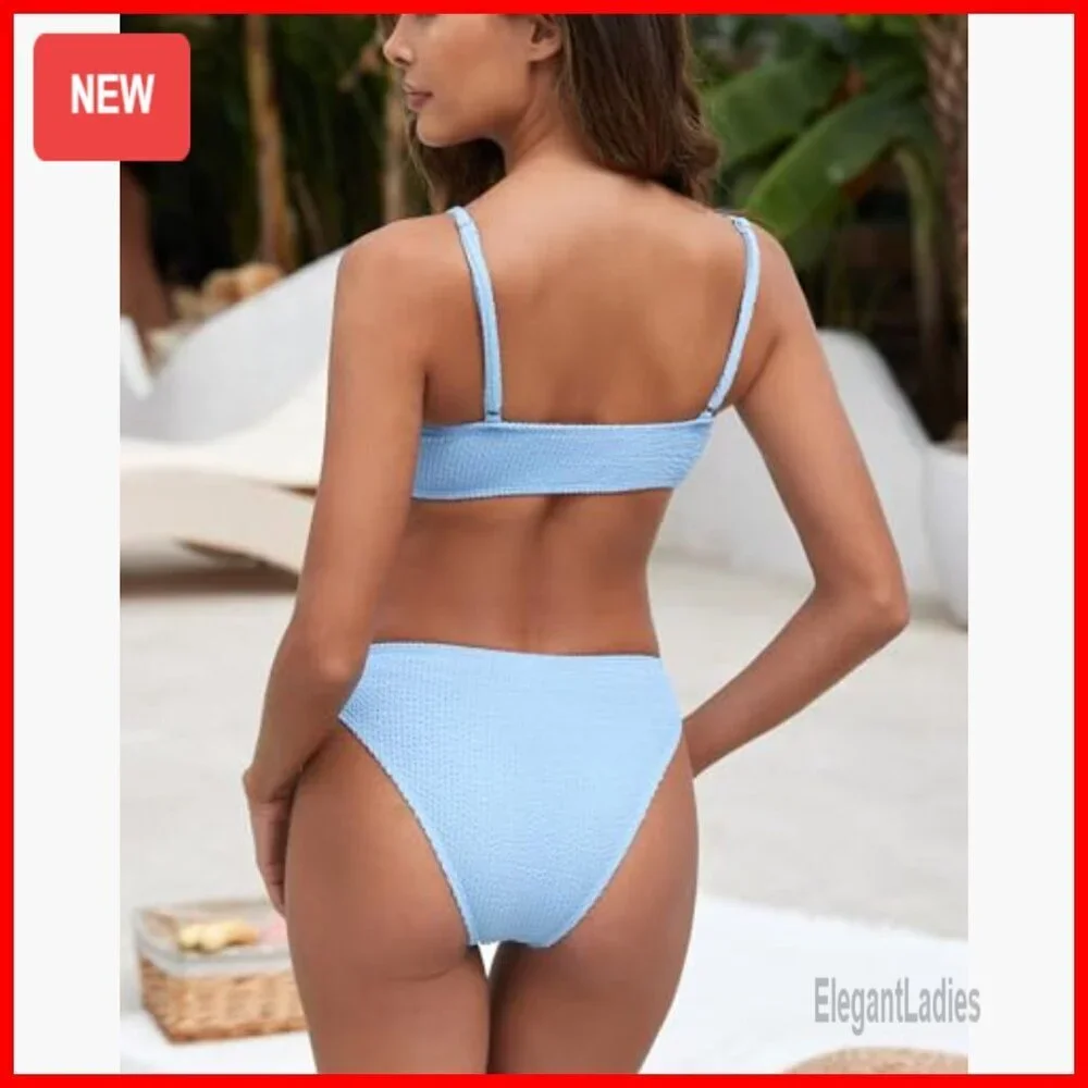 Ribbed Bikini Set Scoop Neck Cheeky Swimsuit Two Piece Adjustable Straps